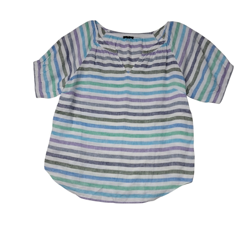 Talbots 100% Linen Popover Top Womens Small Rockport Stripe Short Sleeve Preppy
